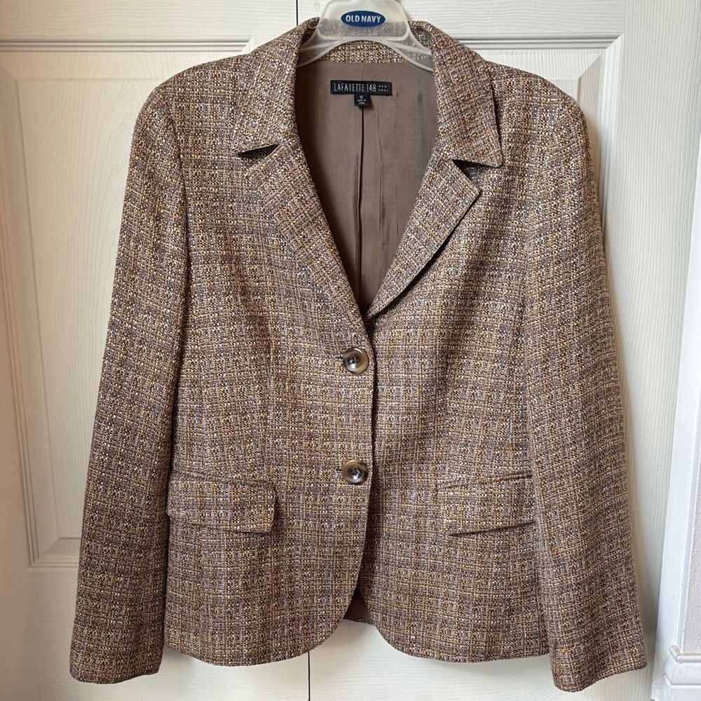 Lafayette 148 New York Gold Brown tweed 2 Button Lined Blazer Size Women 12 EUC!